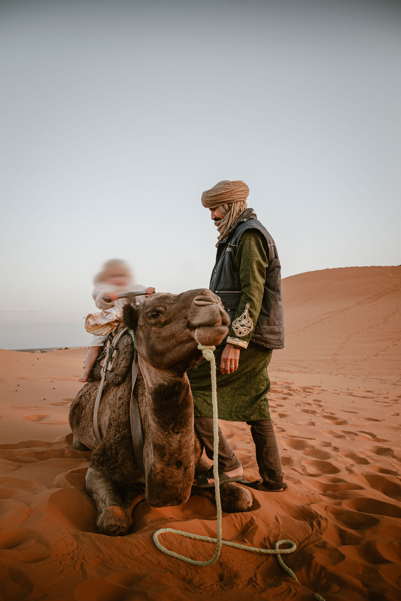 Camel riding in the Moroccan dessert with young children